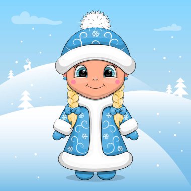 Kışlık ceketli ve şapkalı şirin bir çizgi film kızı. Kış vektör illüzyonu kar ile mavi arka grond.