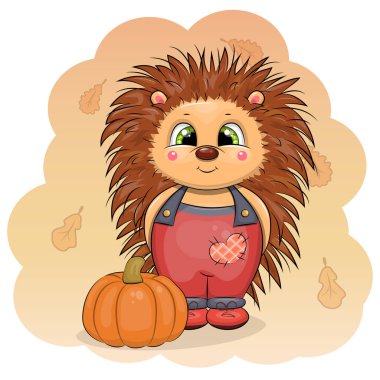 Balkabaklı şirin bir Kirpi çizgi filmi. Sonbahar yapraklı, sebze ve turuncu arka planlı bir hayvanın vektör çizimi.