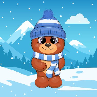 Mavi eşarplı ve şapkalı şirin çizgi film ayısı. Mavi bir zemin üzerinde karlı bir hayvan tasviri.