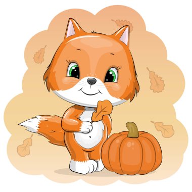 A cute cartoon Fox with pumpkin. Vector illustration of animal with vegetable and orange background with autumn leaves.