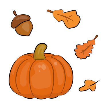 Cute cartoon autumn set with pumpkin, leaves and acorn. Vector illustration of fall objects on a white background.