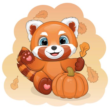 A cute cartoon Red Panda with pumpkin. Vector illustration of animal with vegetable and orange background with autumn leaves.