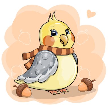 Cute cartoon parrot and acorns. Autumn Vector illustration of animal on orange background.