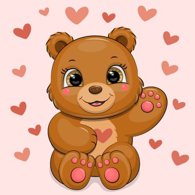 Kalpli sevimli çizgi film kahverengi ayı. Pembe arka plandaki hayvanın vektör illüstrasyonu.