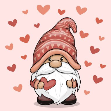 Kalpli şirin çizgi film cücesi. Pembe arka planda kırmızı kalpli cüce bir adamın vektör çizimi.