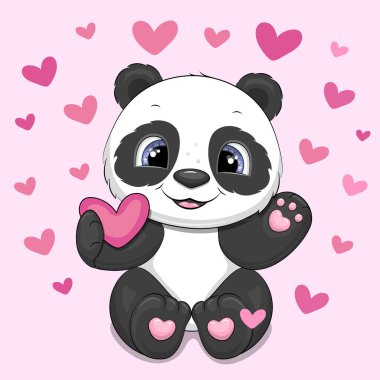 Kalpli şirin panda çizgi filmi. Pembe arka planda kalbi olan bir hayvanın vektör illüstrasyonu.