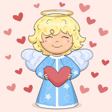 Yürekli, sevimli bir Angel çizgi filmi. Pembe arka planda kırmızı kalpli bir hayvanın vektör çizimi.