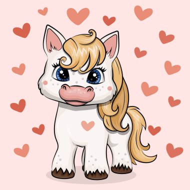 Kalpli şirin çizgi film atı. Pembe arka planda kırmızı kalpli bir hayvanın vektör çizimi.