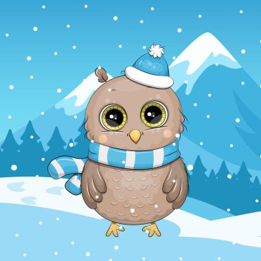 Mavi atkıyla ve şapkasıyla sevimli bir baykuş çizgi filmi. Mavi bir zemin üzerinde karlı bir hayvan tasviri.