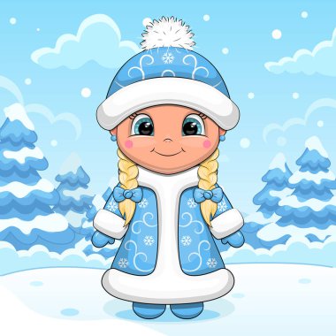 Kışın güzel bir çizgi film karakteri olan Kar Kızı. Mavi arka planda kar ile genç bir kızın Noel Vektörü İllüstrasyonu.