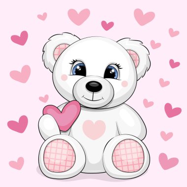 Cute cartoon White Bear Toy with hearts. Vector illustration of animal on pink background with hearts.