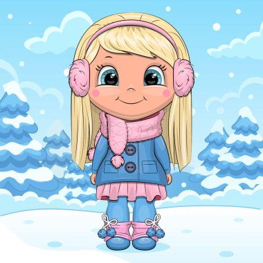 Kışın tatlı çizgi film kızı. Mavi arka planda kar yağışı olan genç bir kadının vektör çizimi.