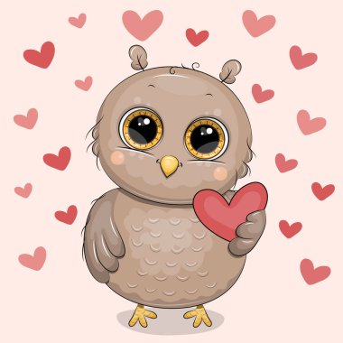 Kalpli sevimli çizgi film Baykuş. Açık kırmızı arka planda, kalbi olan bir hayvanın vektör çizimi.