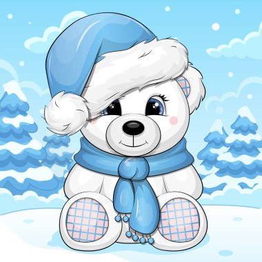 Beyaz ayı kışın şapkalı şirin bir oyuncak. Mavi bir zemin üzerinde karlı bir hayvan tasviri.