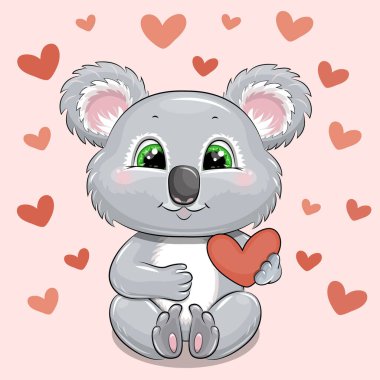 Kalpli sevimli çizgi film Koala. Pembe arka planda kalbi olan bir hayvanın vektör illüstrasyonu.