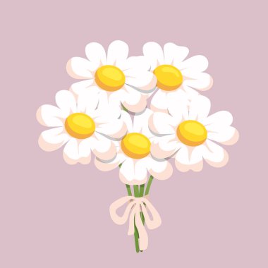 Dekoratif kurdeleli şirin beyaz çiçek buketi. Beyaz arkaplanda çizgi film tarzında düz vektör illüstrasyonu.