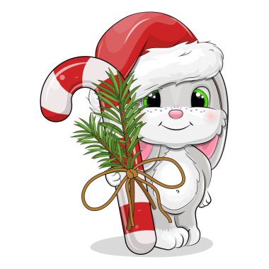 Noel Baba şapkası ve Noel şekeri bastonuyla şirin çizgi film Gri Tavşan. Beyaz arka planda hayvan ve tatlı yiyeceklerin yeni yıl vektör illüstrasyonu.