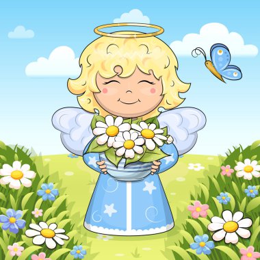 Mavi elbiseli şirin bir Melek çizgi filmi elinde bir saksı tutuyor ve çayırda duruyor. İlkbaharda bir kadın ve doğanın vektör çizimi.