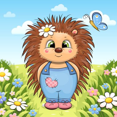 Çayırdaki şirin Kirpi çizgi filmi. Hayvan ve doğanın Bahar Vektörü çizimi.