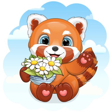 Çiçek saksısı olan sevimli çizgi film Red Panda. Mavi arka planda bulutlu bir hayvanın vektör illüstrasyonu.