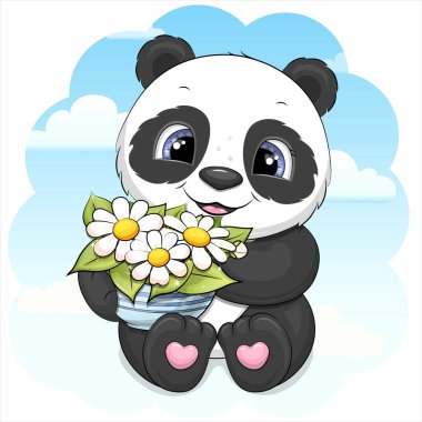 Çiçek saksısı olan sevimli bir panda çizgi filmi. Mavi arka planda bulutlu bir hayvanın vektör illüstrasyonu.