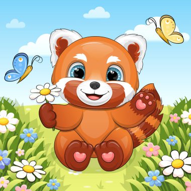 Çayırda kelebekli şirin çizgi film Red Panda. Hayvan ve doğanın Bahar Vektörü çizimi.