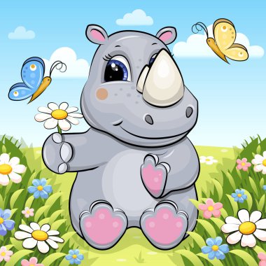 Çayırda kelebekli şirin çizgi film gergedanı. Hayvan ve doğanın Bahar Vektörü çizimi.