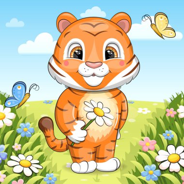 Çayırda çiçekli ve kelebekli şirin çizgi film Tiger. Hayvan ve doğanın Bahar Vektörü çizimi.