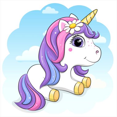 Çiçekli şirin çizgi film Unicorn. Mavi arka planda bulutlu bir hayvanın vektör illüstrasyonu.