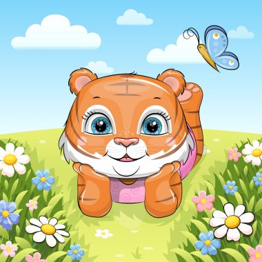 Çayırda kelebekli şirin çizgi film Tiger. Hayvan ve doğanın Bahar Vektörü çizimi.