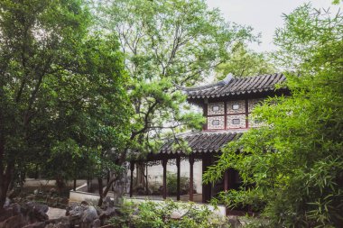 Çin 'in Jiangsu kentindeki Suzhou Bahçesi Sahne Bölgesi' ndeki ağaçlar arasındaki geleneksel Çin mimarisi.