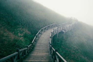 Çin 'in Jiangxi şehrinde Wugong Dağı' nda (Wugongshan) sisle kaplı çayırların arasındaki tahta yol.