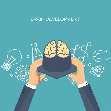 Vektör illüstrasyon. Beyinler, akademik şapka. Eğitim, online kurslar, web eğitimleri, e-öğrenme. Çalışma, yaratıcı süreç. Bilginin gücü.