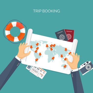 Düz seyahat arka plan. Yaz tatilleri, tatiller. Uçak, tekne, araba seyahat. Turizm, gezi, yolculuk.