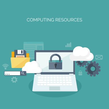 Vector illustration. Flat cloud computing background. Data storage network technology. Multimedia content , web sites hosting. Memory, information transfer.