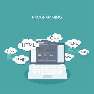 Vektör çizim. Düz arka plan. Kodlama, programlama. SEO. Arama Motoru Optimizasyonu. Uygulama geliştirme, oluşturma. Yazılım, program kodu. Web Tasarım.