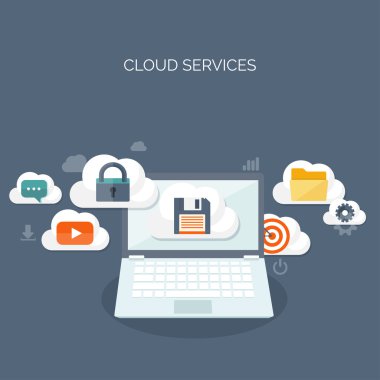 Vector illustration. Flat cloud computing background. Data storage network technology. Multimedia content , web sites hosting. Memory, information transfer.