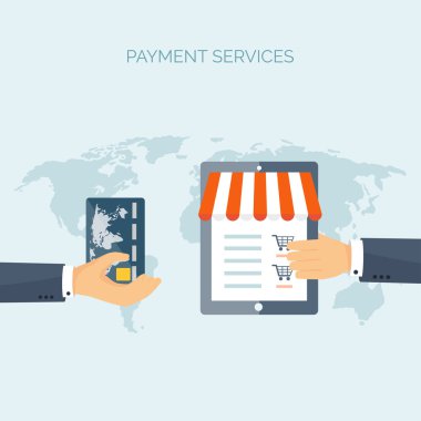 Vektör çizim. Düz başlık. Alışveriş. Web mağaza. Küresel iletişim, ticaret. E-iş. Ticaret, para yapma. Internet Bankacılığı.