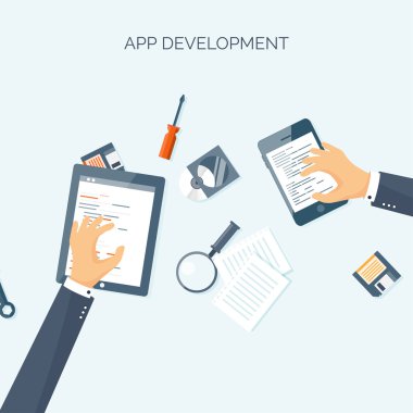 Vektör illüstrasyon. Düz başlık. Programlama, kodlama. Web kursları. İnternet, web tasarımı. Uygulama geliştirme.