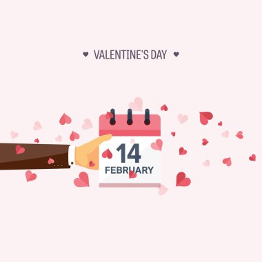 Vector illustration. Flat background with hand and calendar. Love, hearts. Valentines day. Be my valentine. 14 february.