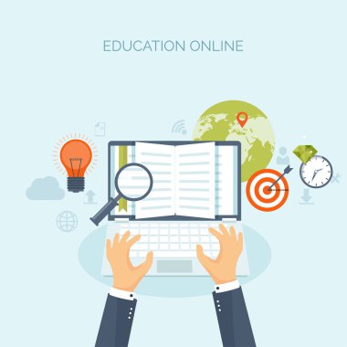 Vektör illüstrasyon. Düz arka planlar ayarlandı. Uzaktan eğitim, öğrenme. Online kurslar, web okulu. Bilgi, bilgi. Çalışma süreci. E-öğrenme.