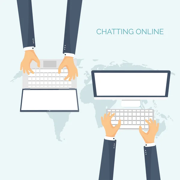 Ilustração vetorial. Fundo plano. Mídia social, conversando. Comunicação global. Computador portátil, computador. A enviar e-mails. Bate-papo na Web, mensagens na Internet. Sms... . — Vetor de Stock