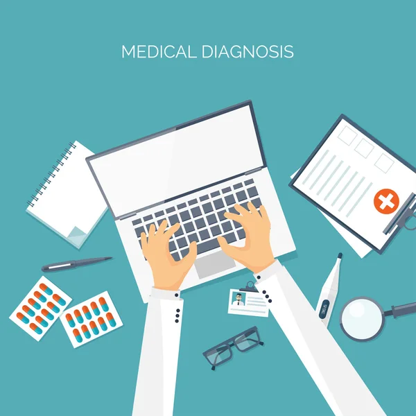 Vektör illüstrasyon. Dizüstü bilgisayarlı eller. Düz tıbbi geçmiş. Sağlık, ilk yardım, araştırma, kardiyoloji. Tıp , çalışma. Kimya mühendisliği ,eczacılık.