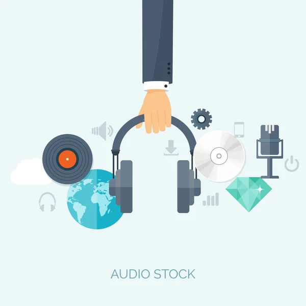 Vector illustration. Flat background. Music.production. Show business. Mp3, compact disk. Voice recording. Singind, karaoke. Audio store. — Stock Vector