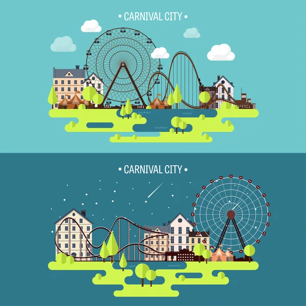 Vector illustratie. Lente, zomer. Reuzenrad. Carnaval. Funfair achtergrond. Circus Park. Wolkenkrabbers met achtbaan. — Stockvector