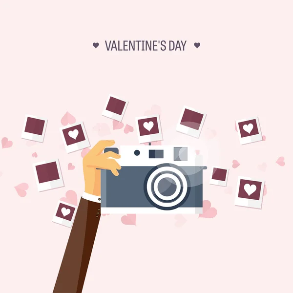 Ilustración vectorial. Fondo plano con fotos. Amor, corazones. Día de San Valentín. Sé mi San Valentín. 14 de febrero . — Vector de stock