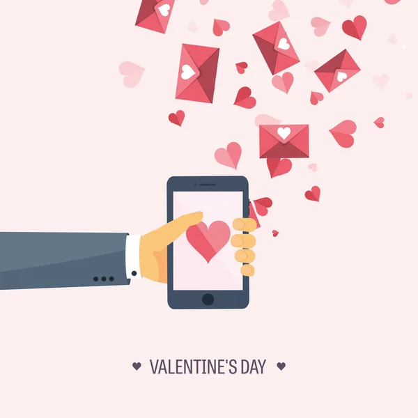 Vektorové ilustrace. Ploché pozadí s smartphone. S láskou, srdce. Valentines den. Buď můj miláček. 14. února. — Stockový vektor