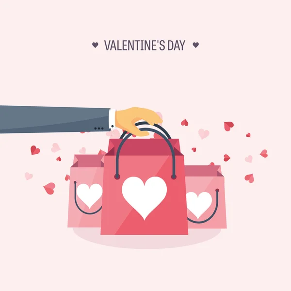 Ilustración vectorial. Fondo plano con bolsas de compras. Amor, corazones. Día de San Valentín. Sé mi San Valentín. 14 de febrero . — Archivo Imágenes Vectoriales