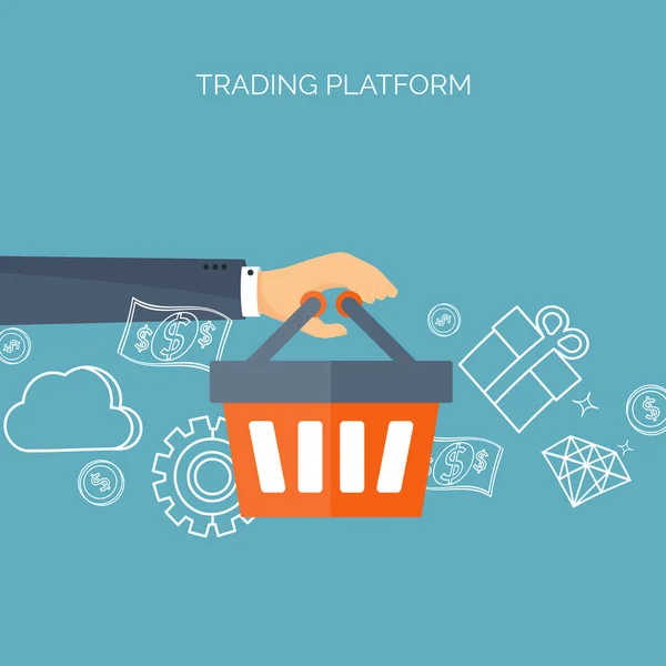Vector illustration. Flat header. Shopping. Web store. Global communication, trading. E-business. Commerce, money making. Internet banking. — Stock Vector