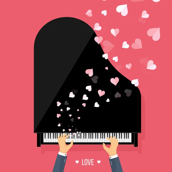 Vector illustration. Musical flat background with hearts. Love. Piano key, keyboard. Melody. Instrument. — Stockvector